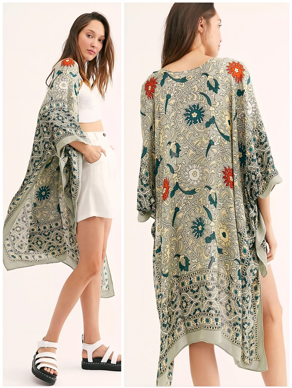 Free People Boho Magic Dance Green Orange Kimono Duster, OS